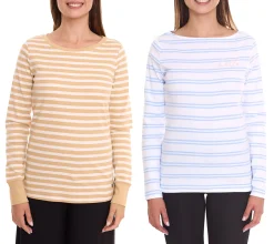 Sweater & Pullover*DELMAO Damen Langarm-Shirt gestreiftes Baumwoll-Sweatshirt Blau/Weiß oder Beige/Weiß