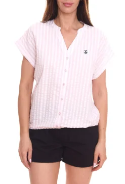 Poloshirts & Blusen*DELMAO Damen Sommer-Bluse gestreift Kurzarm-Bluse Sommer-Shirt 89244315 Rosa/Weiß