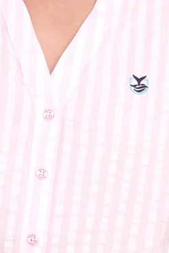 Poloshirts & Blusen*DELMAO Damen Sommer-Bluse gestreift Kurzarm-Bluse Sommer-Shirt 89244315 Rosa/Weiß