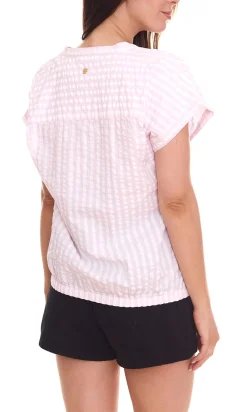 Poloshirts & Blusen*DELMAO Damen Sommer-Bluse gestreift Kurzarm-Bluse Sommer-Shirt 89244315 Rosa/Weiß