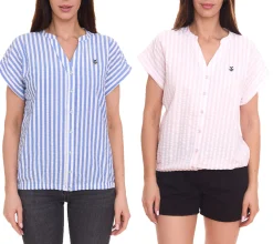 Poloshirts & Blusen*DELMAO Damen Sommer-Bluse gestreift Kurzarm-Bluse Sommer-Shirt Rosa/Weiß oder Blau/Weiß