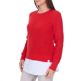 Sweater & Pullover*DELMAO Damen Stick-Pullover mit Blusensaum Langarm-Sweater im 2in1-Look 44176718 Rot