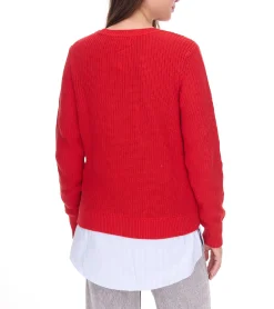 Sweater & Pullover*DELMAO Damen Stick-Pullover mit Blusensaum Langarm-Sweater im 2in1-Look 44176718 Rot