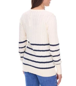 Sweater & Pullover*DELMAO Damen Strick-Pullover gestreifter Baumwoll-Pulli Zopfstrick 94622740 Wollweiß/Navy