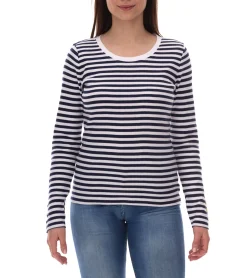 Sweater & Pullover*DELMAO Damen Sweatshirt gestreiftes Baumwoll-Longsleeve Langarm-Shirt 21530737 Weiß/Navy