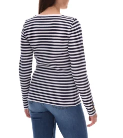 Sweater & Pullover*DELMAO Damen Sweatshirt gestreiftes Baumwoll-Longsleeve Langarm-Shirt 21530737 Weiß/Navy