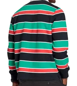 Pullover & Sweater*DELMAO Herren Sweater gestreiftes Colour-Blocking Sweatshirt mit Hemdkragen Baumwoll-Shirt 79521635 Blau/Grün/Weiß/Rot