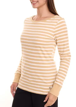 Sweater & Pullover*DELMAO Striped Interlock Damen Langarm-Shirt gestreiftes Baumwoll-Longsleeve 60056433 Beige/Weiß