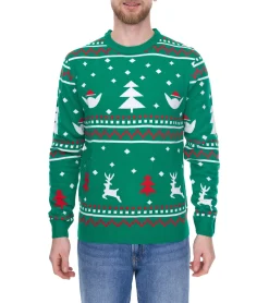 Pullover & Sweater*Denim Project X-mas Herren Strick-Pullover mit weihnachtlichem Allover-Print Winter-Pullover Langarm-Shirt DP004 502 Grün/Weiß/Rot