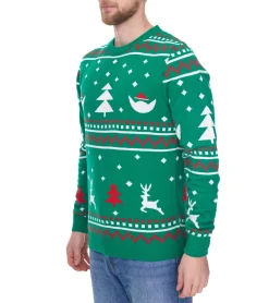 Pullover & Sweater*Denim Project X-mas Herren Strick-Pullover mit weihnachtlichem Allover-Print Winter-Pullover Langarm-Shirt DP004 502 Grün/Weiß/Rot