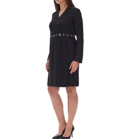 Kleider*O46bpx elegantes Damen Etui-Kleid Business-Kleid mit Ösenbesatz Sommer-Kleid Langarm-Kleid 951072 Schwarz