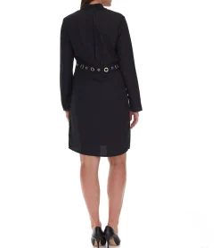 Kleider*O46bpx elegantes Damen Etui-Kleid Business-Kleid mit Ösenbesatz Sommer-Kleid Langarm-Kleid 951072 Schwarz