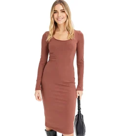 Kleider*O46bpx elegantes Damen Frühlings-Kleid Business-Kleid mit Rundhals-Ausschnitt Langarm-Kleid 961739 Braun