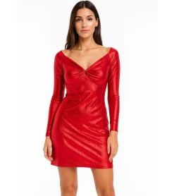 Kleider*O46bpx elegantes Damen Jersey-Kleid mit Metallic-Effekt Abend-Kleid mit langen Ärmeln 922945 Rot