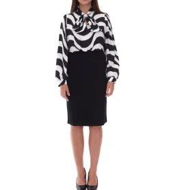 Kleider*O46bpx elegantes Damen Midi-Kleid Business-Kleid mit Schluppe Sommer-Kleid Langarm-Kleid 940989 Schwarz/Weiß