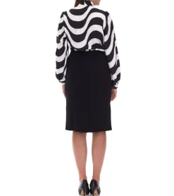 Kleider*O46bpx elegantes Damen Midi-Kleid Business-Kleid mit Schluppe Sommer-Kleid Langarm-Kleid 940989 Schwarz/Weiß