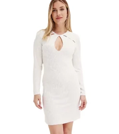 Kleider*O46bpx elegantes Damen Strick-Kleid Business-Kleid mit Rundhals-Ausschnitt Langarm-Kleid 955551 Weiß