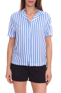 Poloshirts & Blusen*AjC 2er Pack Blusen luftige Damen Hemd-Blusen in zwei Farben mit Knopfleiste Blau/Weiß