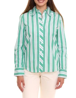 Poloshirts & Blusen*AjC 2er Pack Damen Bluse gestreiftes Langarm-Shirt Baumwolle mit kleinen Rüschen 36148235 Grün/Weiß