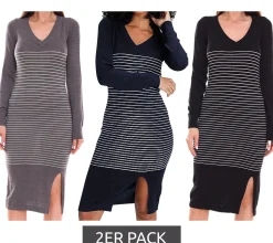 Kleider|Sweater & Pullover*AjC 2er Pack Damen Pullover-Kleid gestreift Midi-Kleid Strick-Kleid in Grau, Schwarz oder Blau