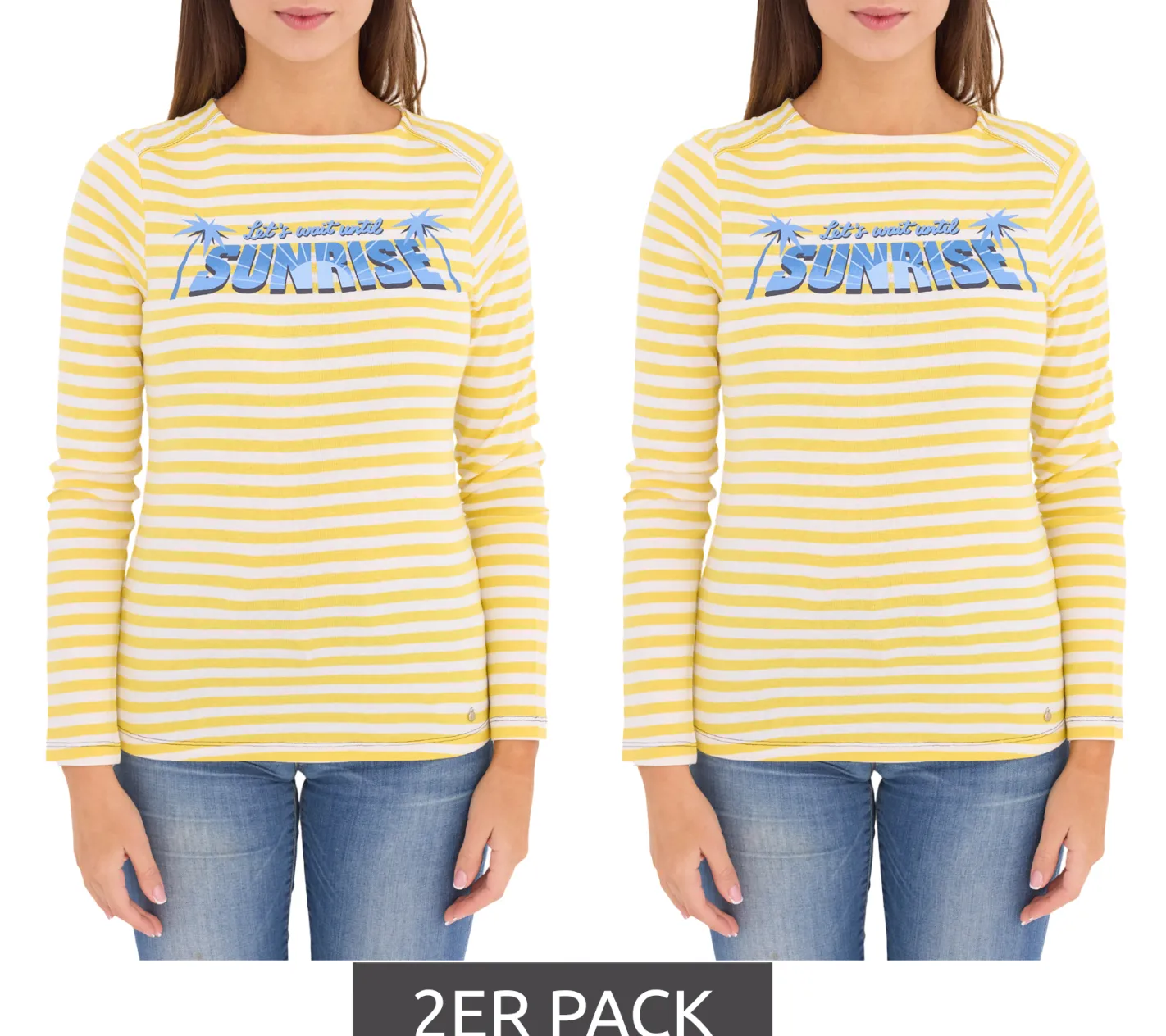 Sweater & Pullover*AjC 2er Pack Damen Shirt gestreiftes Langarm-Shirt Baumwolle mit Sunrise-Front-Print Sparpack 67426709 Gelb/Weiß/Blau