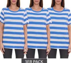 Tops & T-Shirts*DELMAO 3er Pack Damen T-Shirt gestreiftes Rundhals-Shirt 63058126 Blau/Weiß
