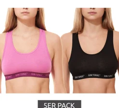 Sportoberbekleidung|Socken & Unterwäsche*GIN TONIC 5er Pack Damen Sport-BH mit Ringerrücken Bustier 212061938 oder Schwarz Pink