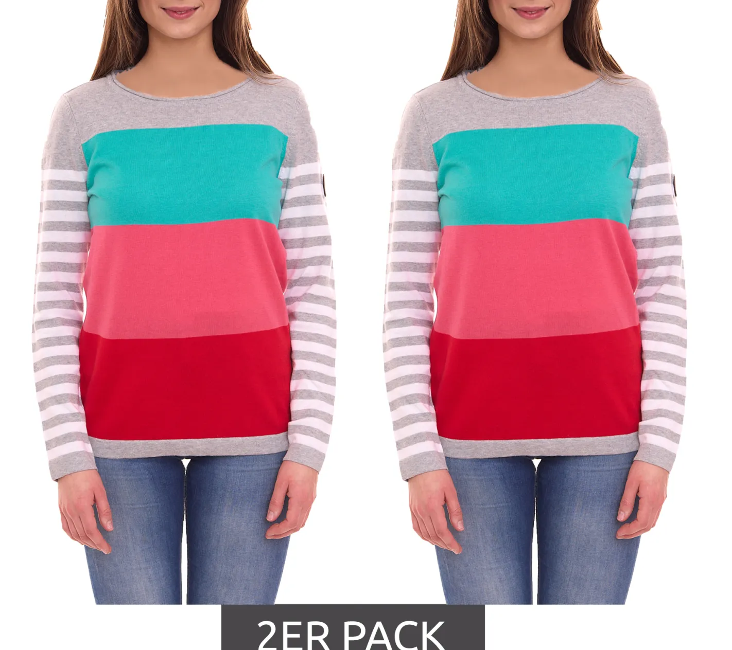 Sweater & Pullover*KangaROOS 2er Pack Damen Pullover Color-Blocking Baumwoll-Shirt 59680160 Grau/Türkis/Rosa