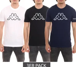 T-Shirts & Tank Tops*Kappa 3er Pack Herren Baumwoll-Shirt Rundhals-Shirt mit großem Logo-Patch Kurzarm-Shirt Blau, Schwarz oder Weiß