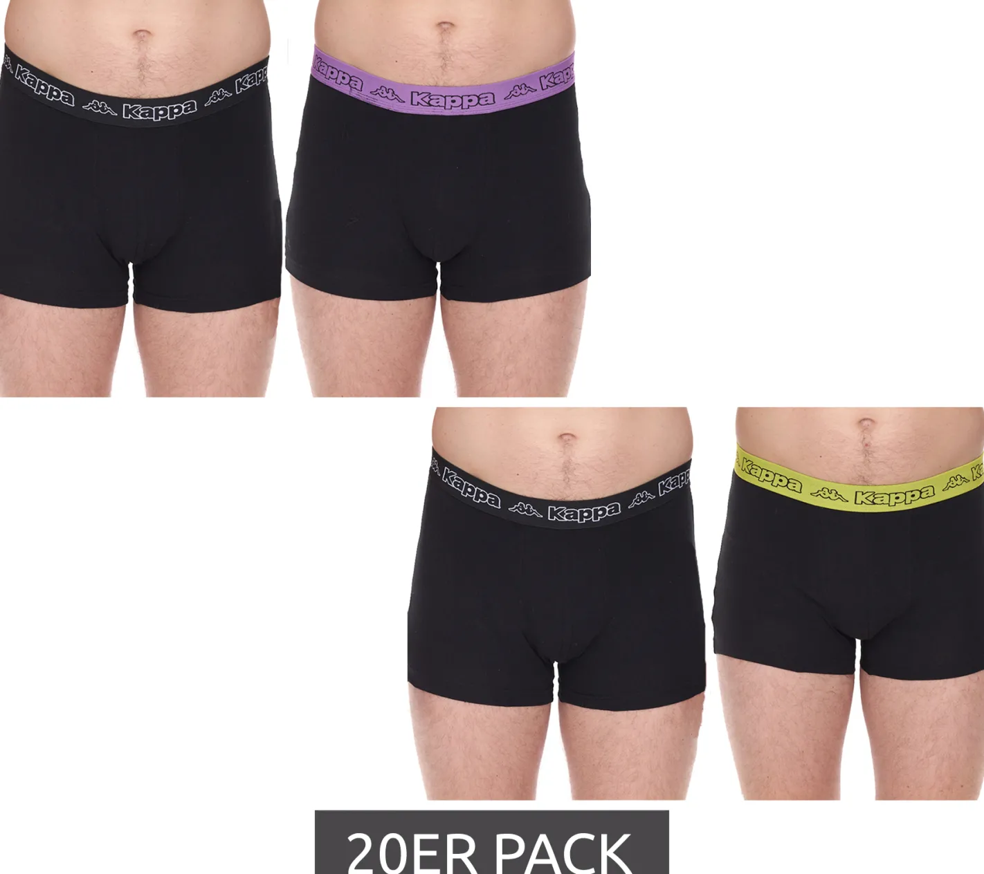 Unterwäsche|Boxershorts*Kappa 20er Pack Herren Boxershorts mit Marken Schriftzug und Logo Unterhose 351K1JW Schwarz/Lime oder Schwarz/Violett
