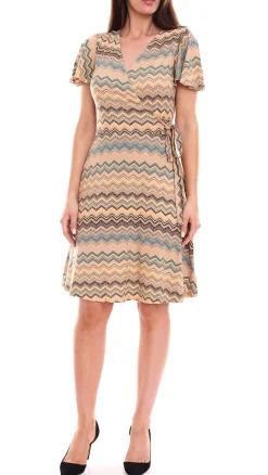 Kleider*Laura Scott 2er Pack Damen Wickel-Kleid schicke Mini-Kleid mit Allover Zacken-Muster 61595346 Braun/Bunt