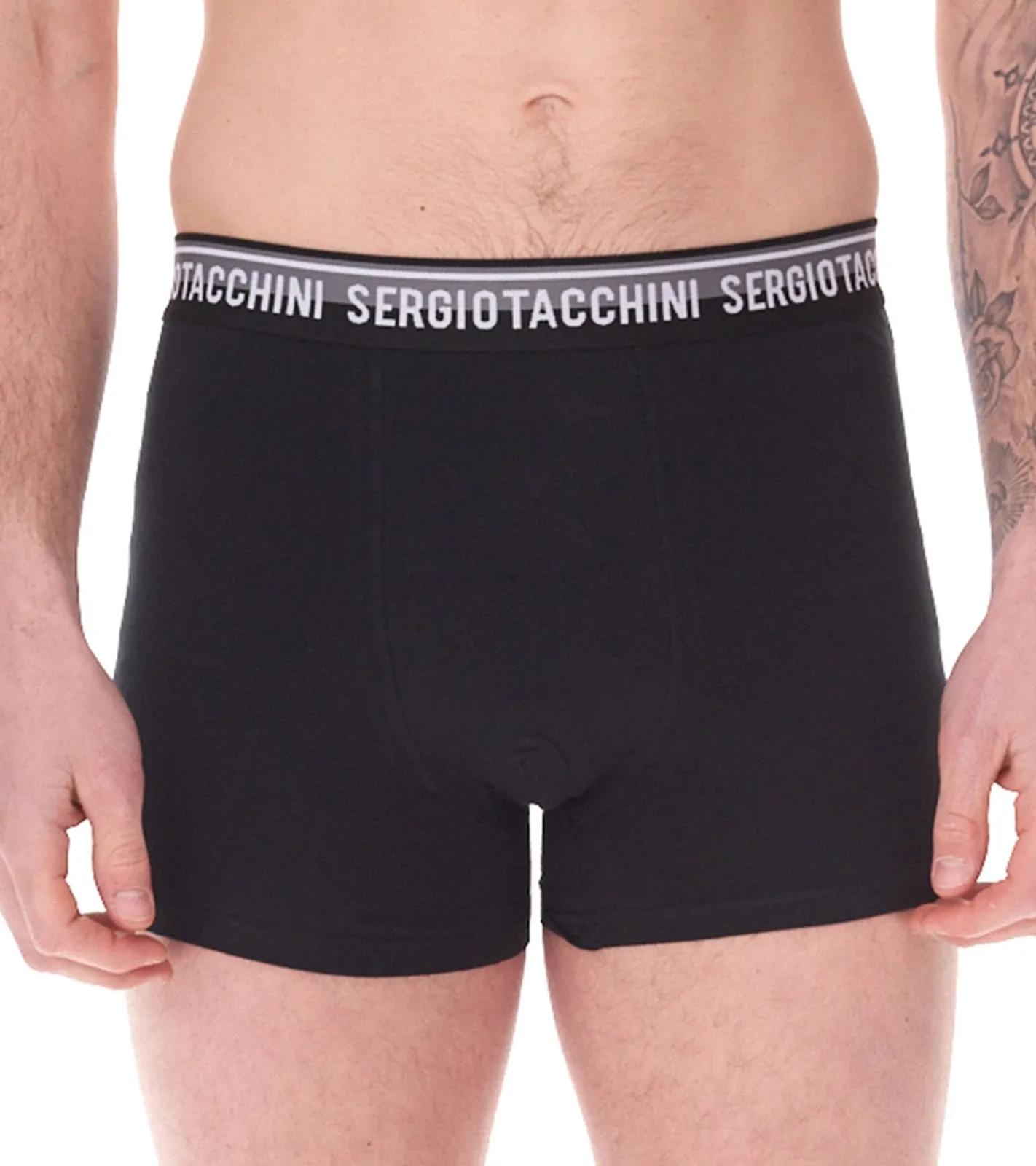 Unterwäsche|Boxershorts*Sergio Tacchini 2er Pack Herren Boxershorts mit zweifarbigen Bund und weißen Schriftzug Baumwoll-Unterhose 160gsm 23.0000.974 Schwarz/Weiß