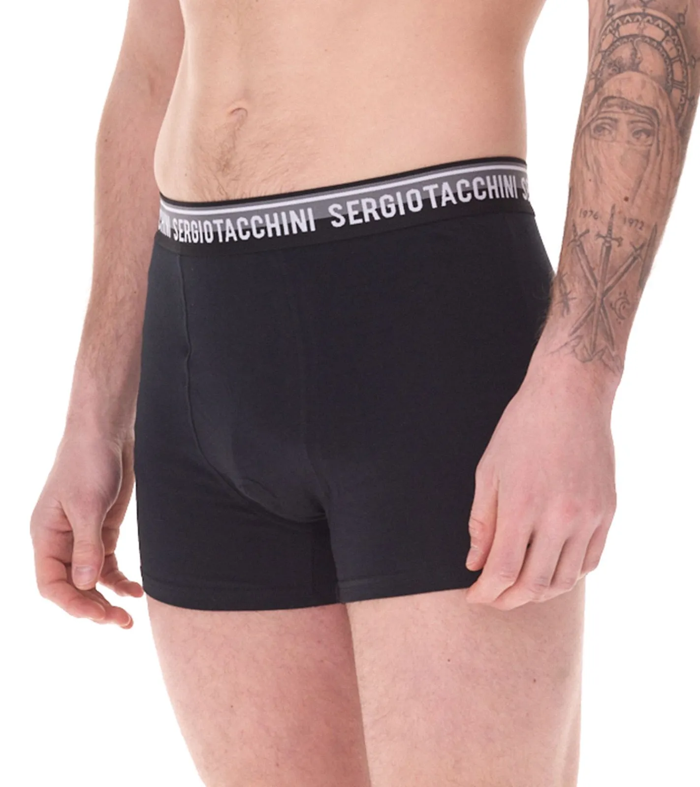 Unterwäsche|Boxershorts*Sergio Tacchini 2er Pack Herren Boxershorts mit zweifarbigen Bund und weißen Schriftzug Baumwoll-Unterhose 160gsm 23.0000.974 Schwarz/Weiß