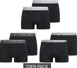 Unterwäsche|Boxershorts*Sergio Tacchini 20er Pack Herren Boxershorts mit zweifarbigen Bund und weißen Schriftzug Baumwoll-Unterhose 160gsm 23.0000.974 Schwarz/Weiß, Schwarz/Grau oder Schwarz