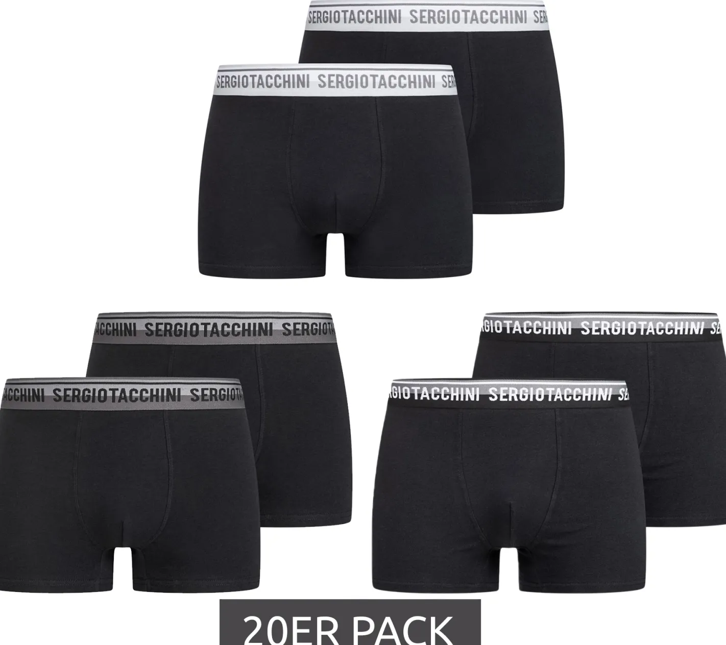 Unterwäsche|Boxershorts*Sergio Tacchini 20er Pack Herren Boxershorts mit zweifarbigen Bund und weißen Schriftzug Baumwoll-Unterhose 160gsm 23.0000.974 Schwarz/Weiß, Schwarz/Grau oder Schwarz