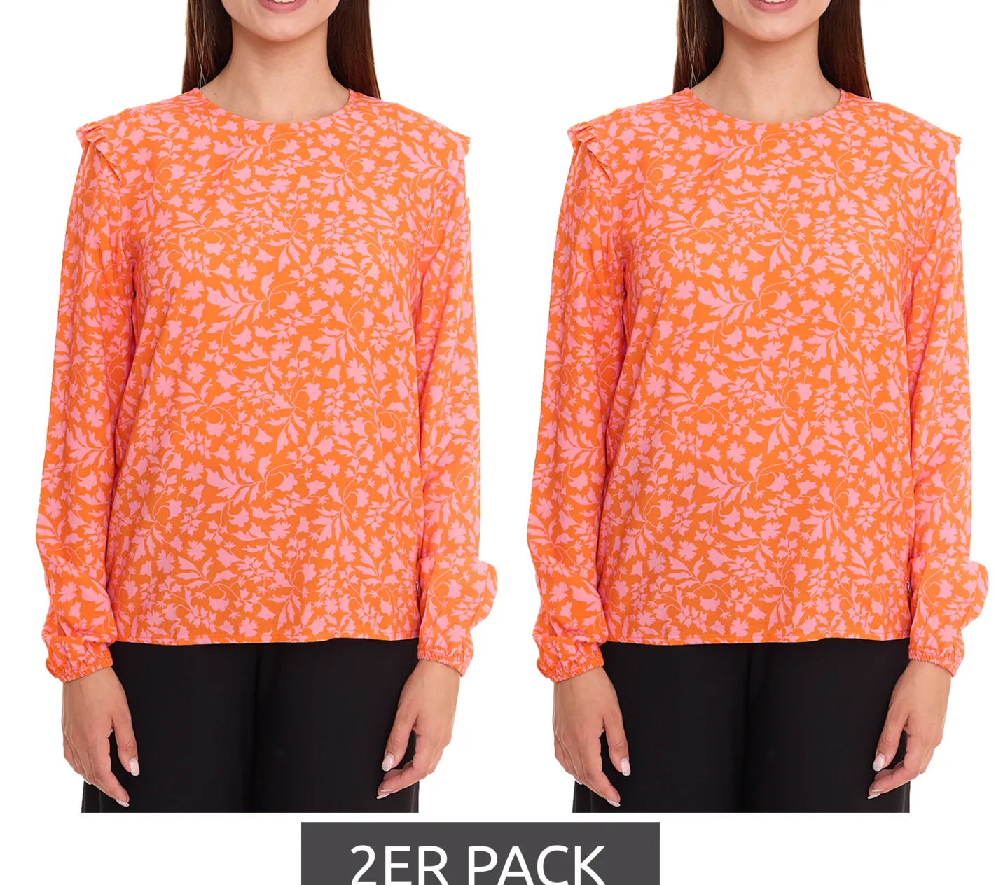 Poloshirts & Blusen*Tamaris 2er Pack Blusen-Shirt Damen Langarm-Bluse mit floralem Muster und kleinen Rüschen 50537609 Orange/Pink