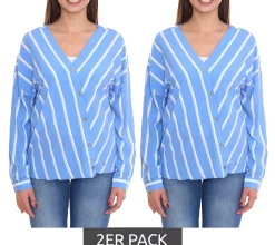 Poloshirts & Blusen*AjC 2er Sparpack Damen Schlupf-Bluse nachhaltige V-Neck Bluse gestreift 48173418 Blau/Weiß