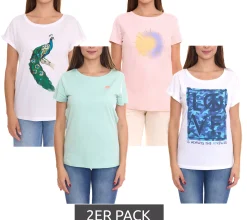 Tops & T-Shirts*AjC 2er Sparpack Damen T-Shirt mit verschiedenen Prints kurzärmliges Sommer-Shirt Baumwolle Mint, Rosa oder Weiß