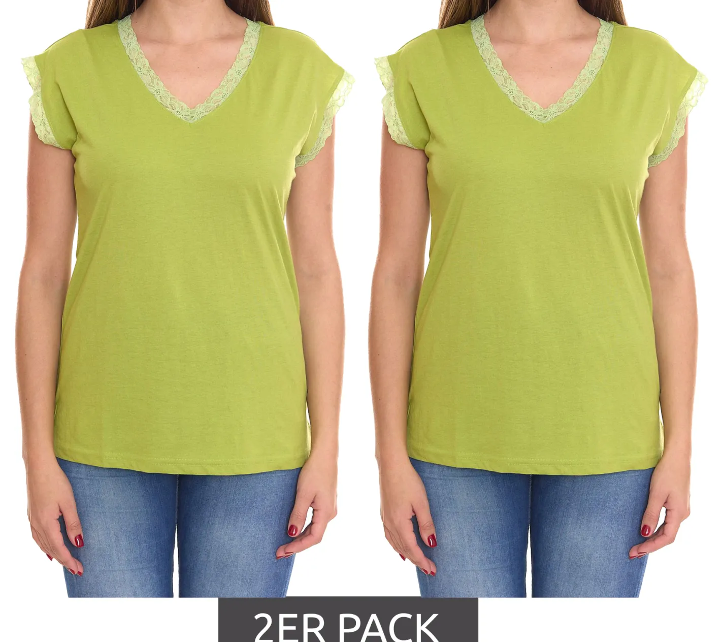 Tops & T-Shirts*BOYSEN´S 2er Sparpack BOYSEN`S Damen Top mit Spitzendetails Kurzarm-Shirt 34323651 Grün