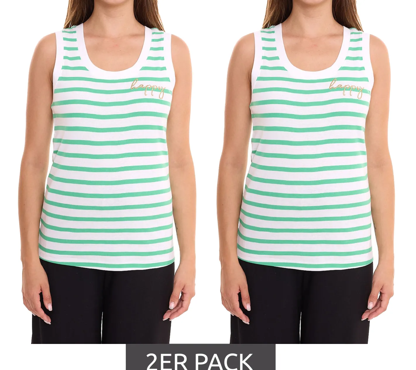 Tops & T-Shirts*DELMAO 2er Sparpack DELAMO Striped Tanktop enganliegendes Damen Baumwoll-Shirt mit Stickerei 24025421 Grün/Weiß