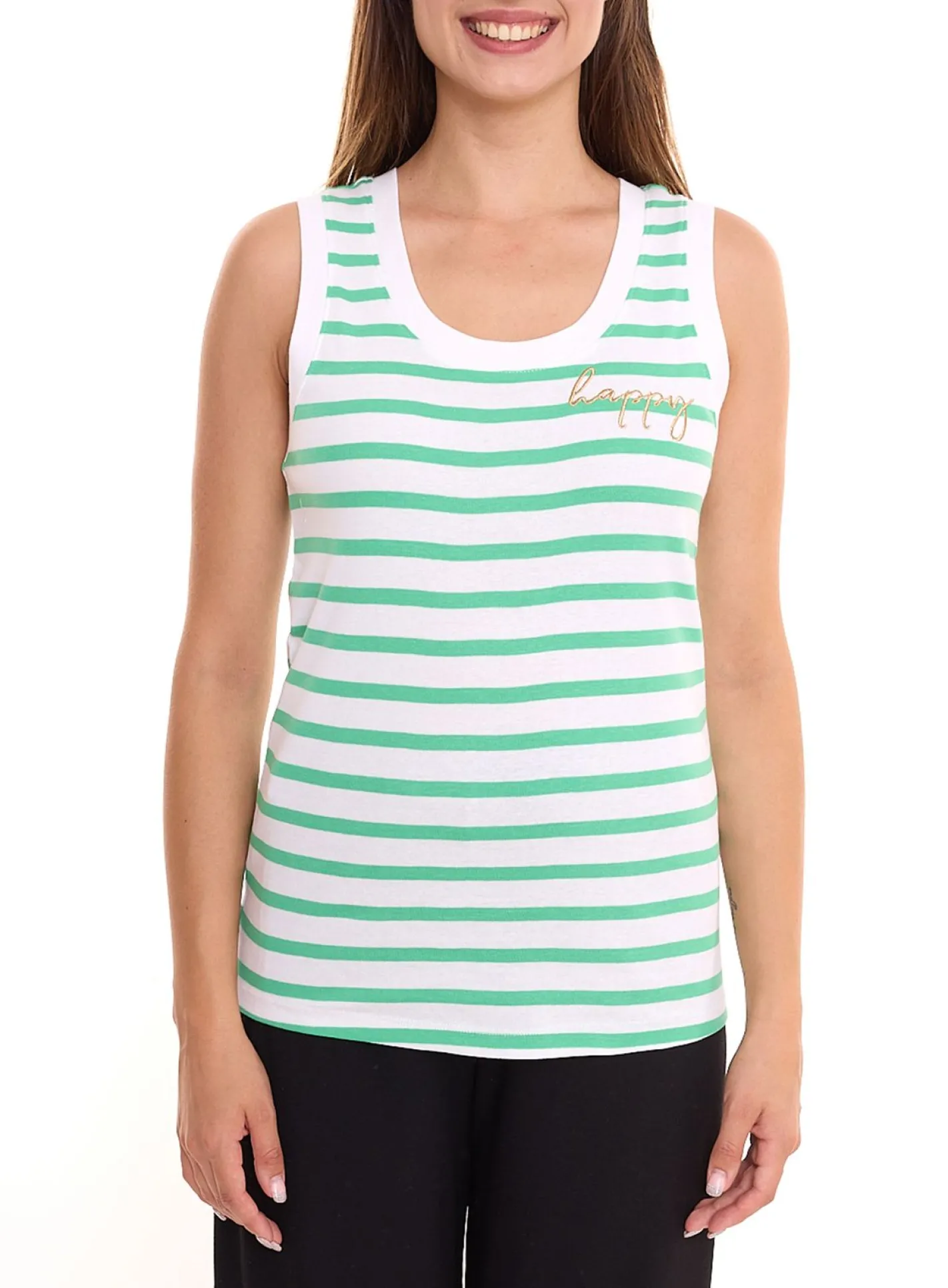 Tops & T-Shirts*DELMAO 2er Sparpack DELAMO Striped Tanktop enganliegendes Damen Baumwoll-Shirt mit Stickerei 24025421 Grün/Weiß