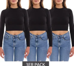 Sportoberbekleidung|Fitnessmode & Jogginghosen*FAYN SPORTS 3er Sparpack Longsleeve Crop Top Damen Sport-Shirt nahtloses Yoga-Shirt 47005506 Schwarz