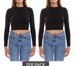 Sportoberbekleidung|Fitnessmode & Jogginghosen*FAYN SPORTS 2er Sparpack Longsleeve Crop Top Damen Sport-Shirt nahtloses Yoga-Shirt 47005506 Schwarz