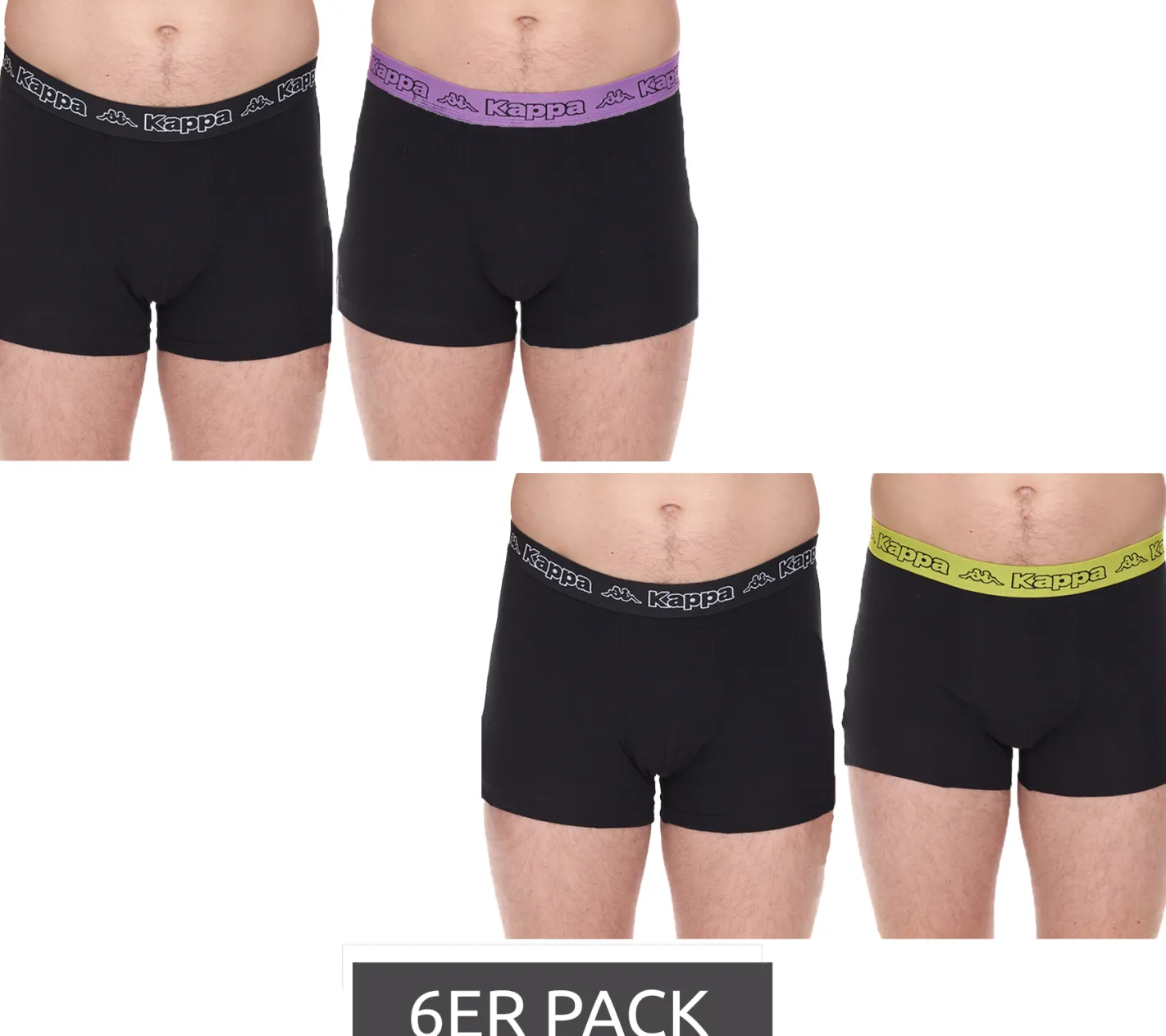 Unterwäsche|Boxershorts*Kappa 6er Sparpack Herren Boxershorts mit Marken Schriftzug und Logo Unterhose 351K1JW Schwarz/Lime oder Schwarz/Violett
