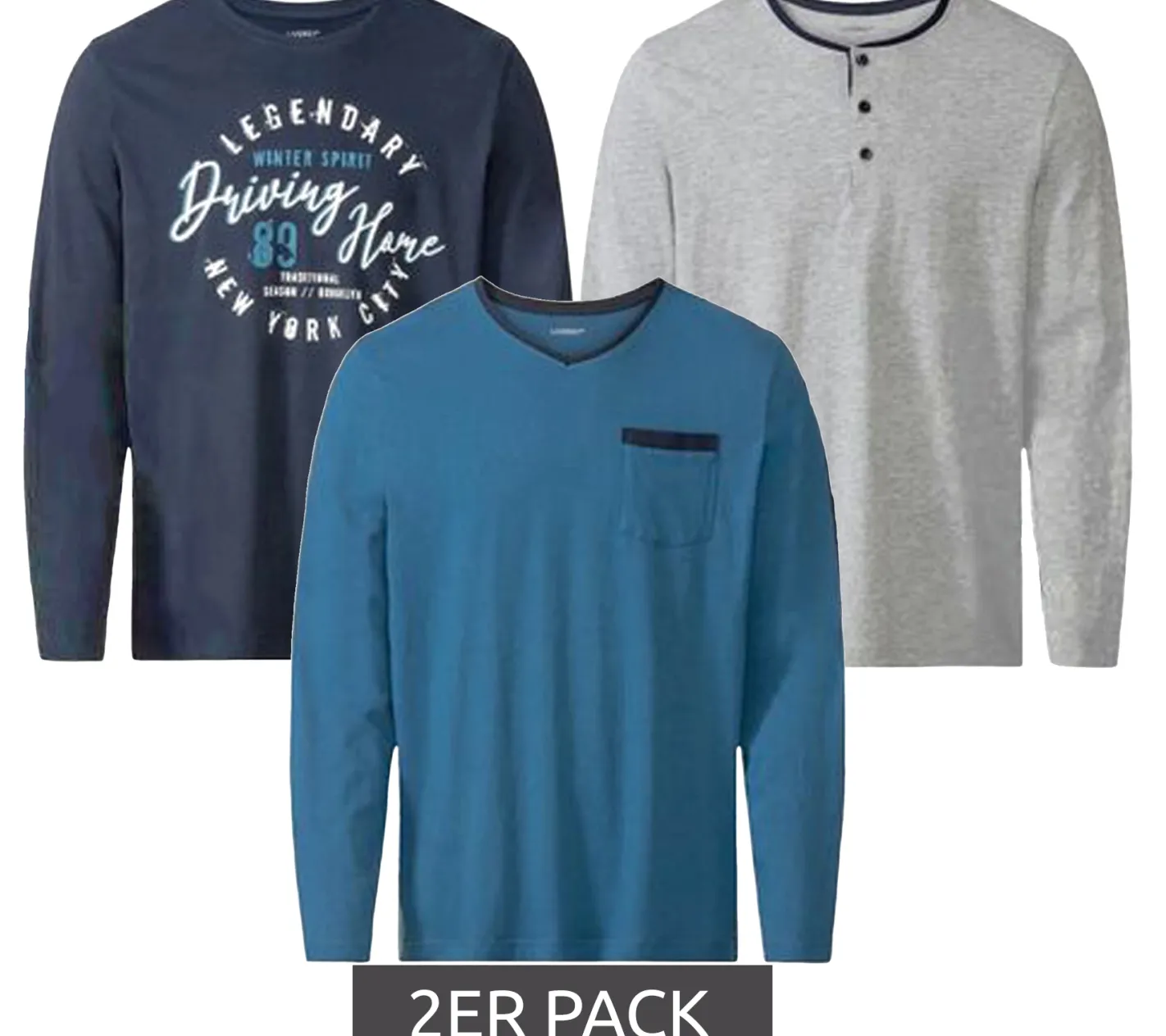 Nachtwäsche & Bademode*LIVERGY 2er Sparpack Herren Pyjama Top Nachtwäsche Oberteil Schlaf-Shirt 390208-2201 Blau, Navy oder Grau