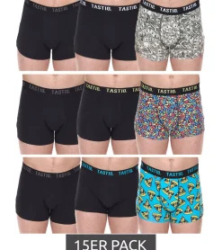 Unterwäsche|Boxershorts*TASTIQ 15er Sparpack Herren Boxershorts mit Pizza- / US-Dollar- oder Müsli-Print Baumwoll-Unterhose in Geschenkbox Unterwäsche Tas/1/BCX3 Schwarz/Blau/Grün/Gelb Cerealien-Set