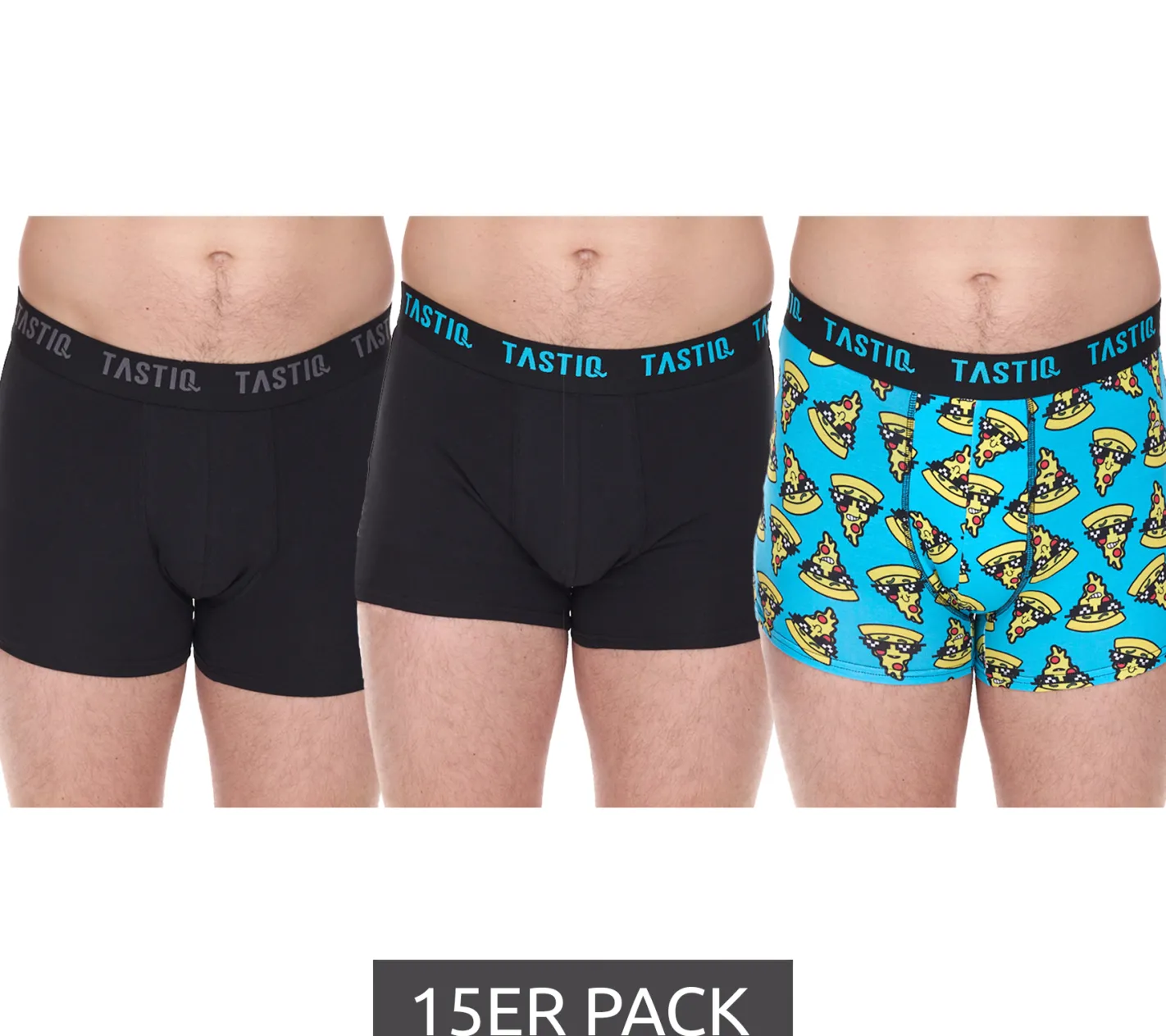 Unterwäsche|Boxershorts*TASTIQ 15er Sparpack Herren Boxershorts mit Pizza- / US-Dollar- oder Müsli-Print Baumwoll-Unterhose in Geschenkbox Unterwäsche Tas/1/BCX3 Schwarz/Blau/Grün/Gelb Cerealien-Set