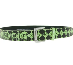 Gürtel*BioworldMerch FALL OUT BOY Gürtel der Alternative-Rock-Band für Damen und Herren Einheitsgröße 100cm mit Rautenmuster und Schriftzug Freizeit-Gürtel Schwarz/Grün