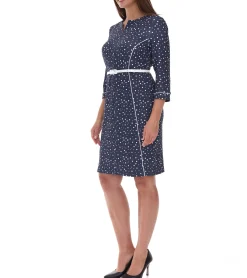 Große Größen|Kleider*O46bpx gepunktetes Damen Frühlings-Kleid inklusive Gürtel Strand-Outfit Midi-Kleid 940590 Dunkelblau/Weiß