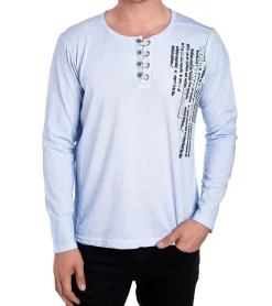Pullover & Sweater*O46rn Herren Langarm-Shirt mit schlichten Print und Knopfleiste Sommer-Baumwoll-Longsleeve Freizeit-Pullover R-10139 Blau
